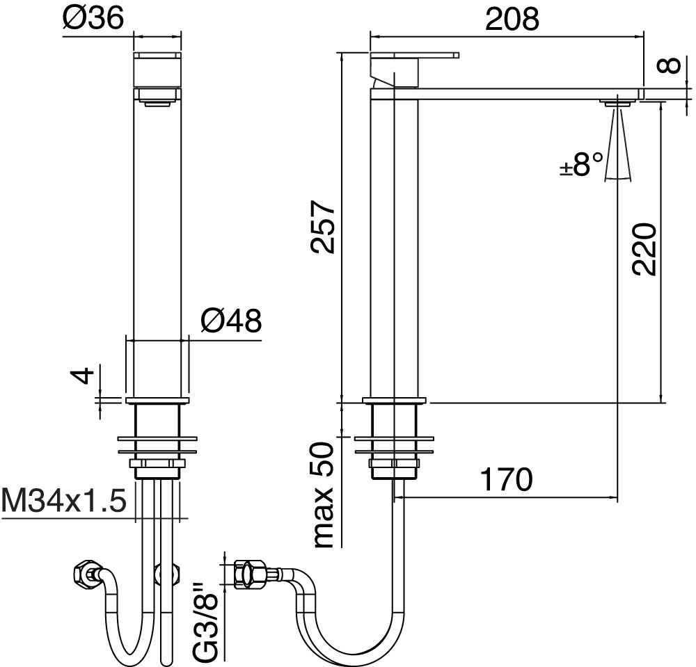 Zazzeri Q316 H220mm Tall Basin Mixer Body