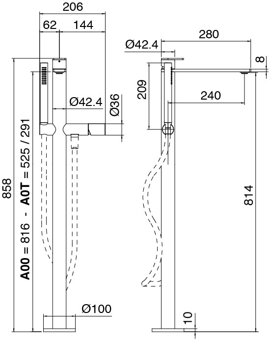 Zazzeri Q316 Freestanding Bath Filler Spout with Handshower