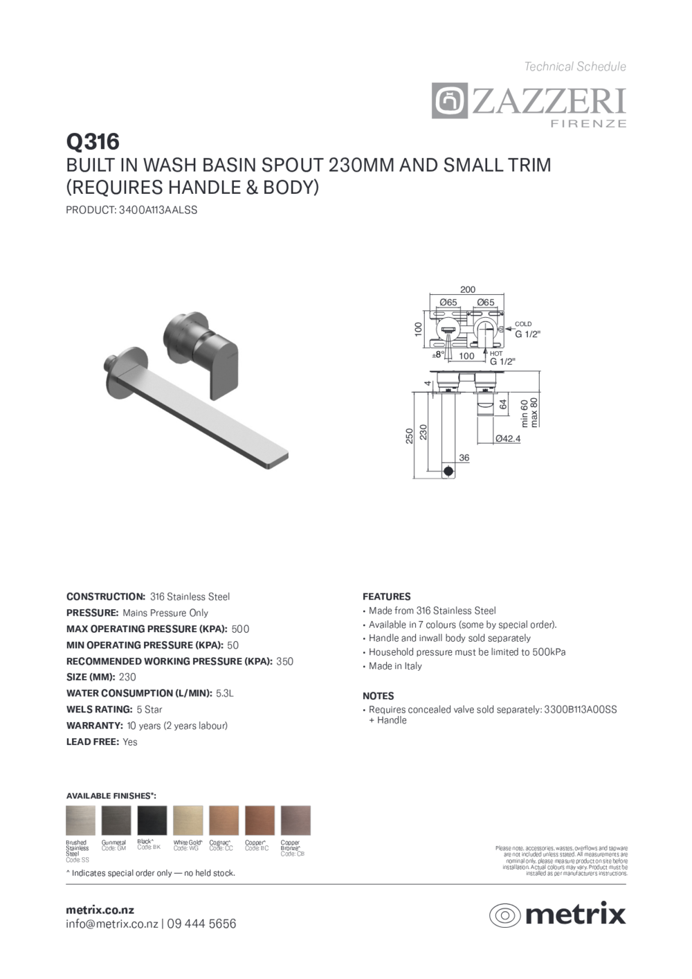 Zazzeri Q316 Built-in Washbasin Spout 230mm with Small Trim